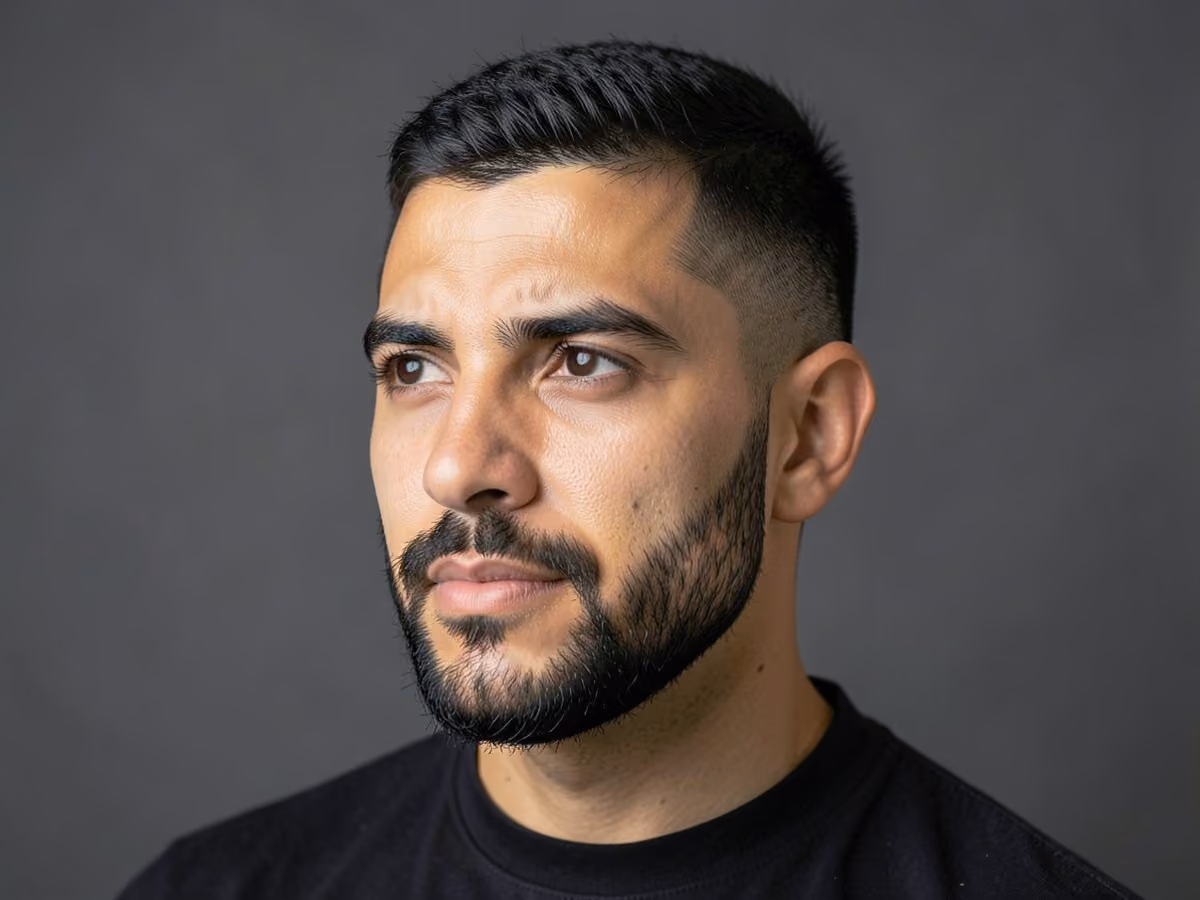 Man with a textured crop with short beard haircut
