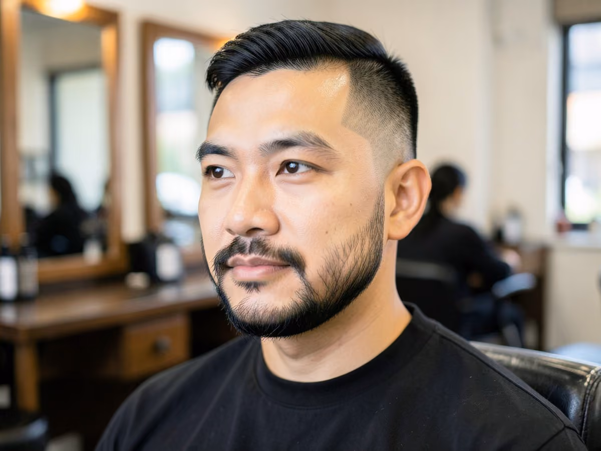 Man with a low skin fade with boxed beard
