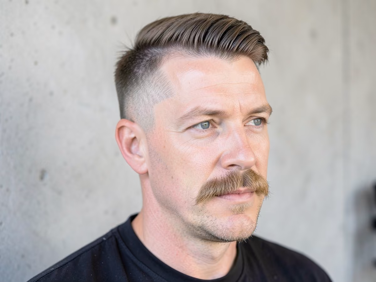 Man with a low skin fade with mustache