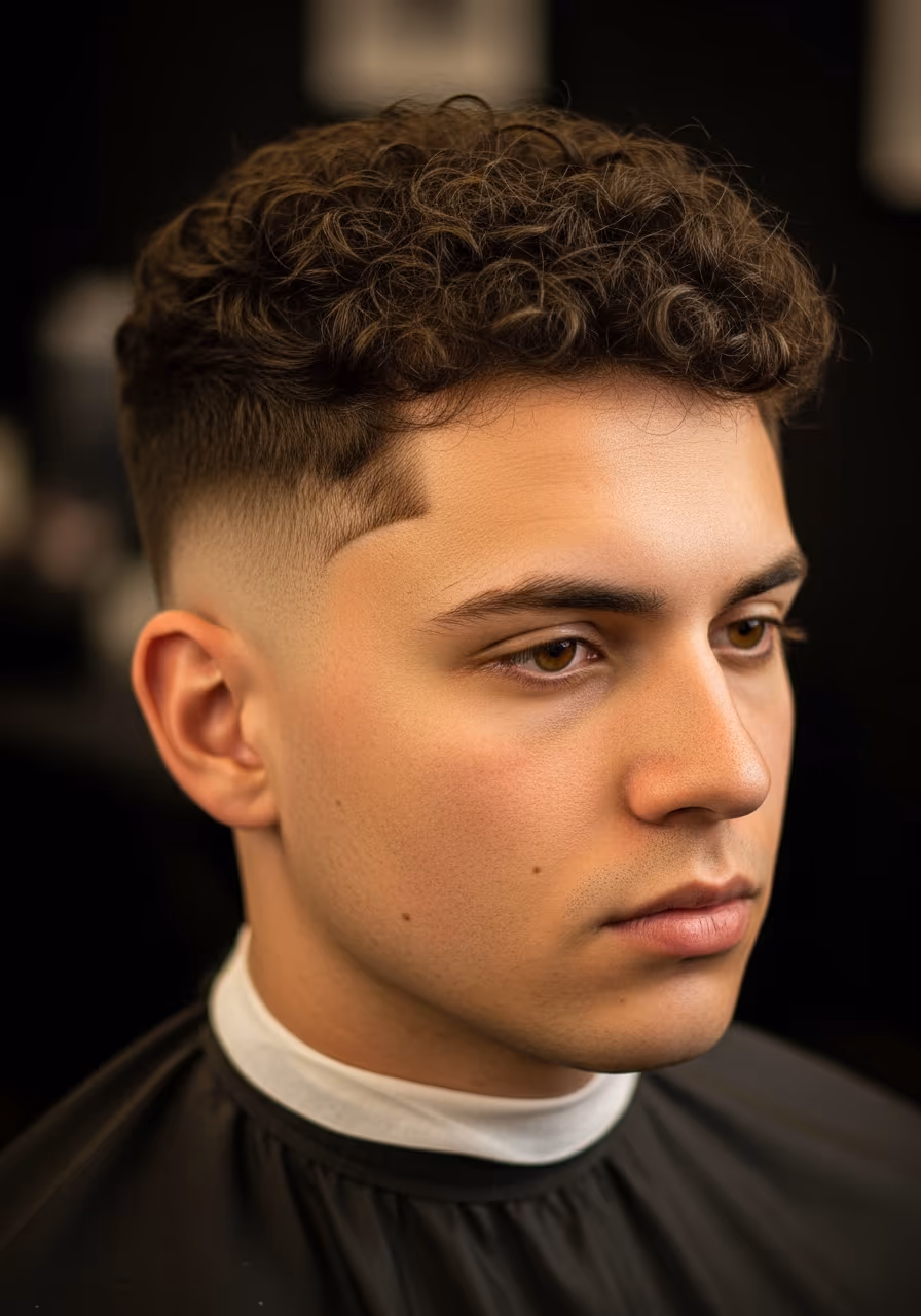 Low Fade with Curly Hair hairstyle for men 2026 — low taper fade variation, best for curly-haired men, diamond/heart faces, modern barbering by Master Stylist Jessica Hamilton