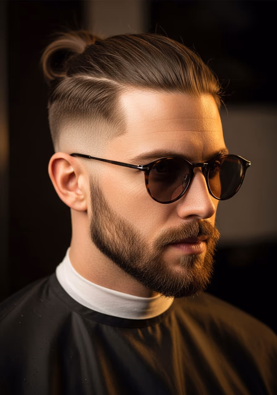 Low Taper Man Bun / Top Knot hairstyle for men 2026 — low taper fade variation, best for all faces + straight/wavy/curly hair (longer lengths), modern barbering by Master Stylist Jessica Hamilton