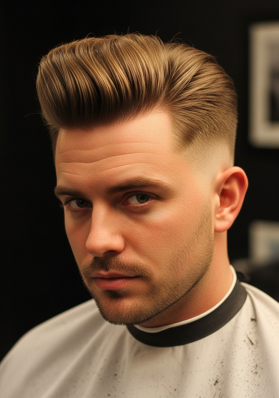 Low Taper Pompadour Hairstyle 2026 - High Volume Low Taper Fade for Round Faces