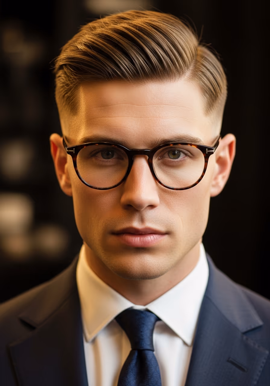 Side Swept Ivy League hairstyle for men 2026 — low taper fade variation, best for professional men, all faces + straight hair, modern barbering by Master Stylist Jessica Hamilton