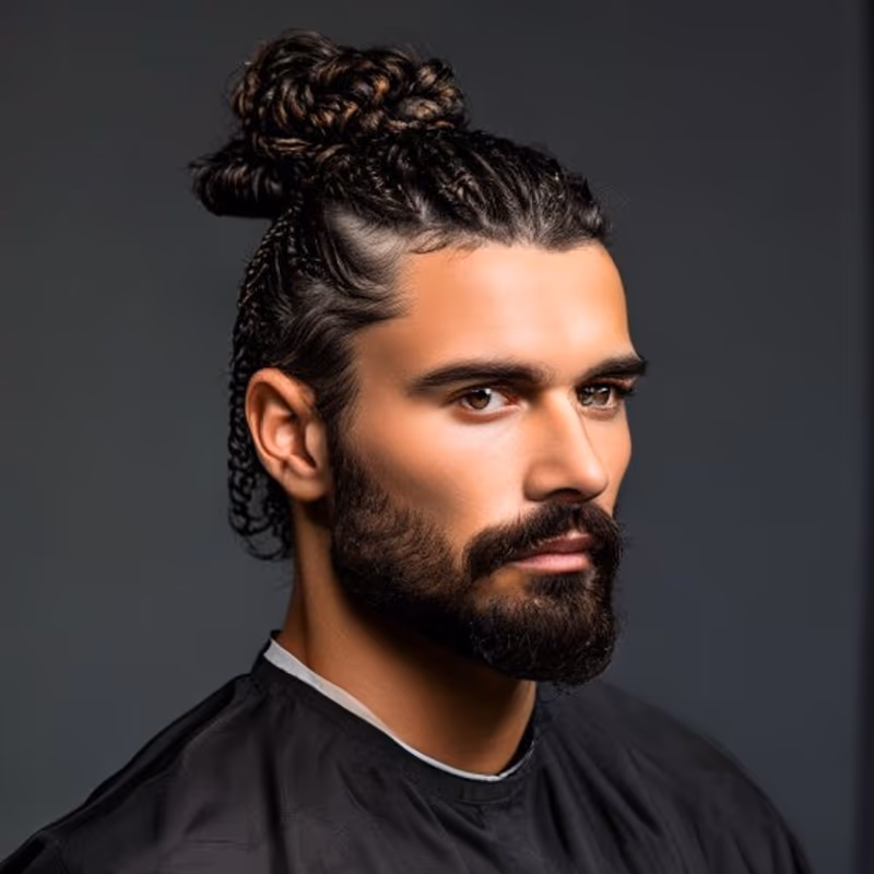 Braided Man Bun hairstyle for men 2026 — Man Bun variation, best for Adding texture and edge, modern barbering by Master Stylist Jessica Hamilton
