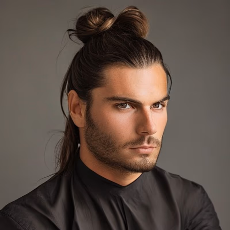 Classic Man Bun hairstyle for men 2026 — Man Bun variation, best for Long hair, relaxed but groomed, modern barbering by Master Stylist Jessica Hamilton