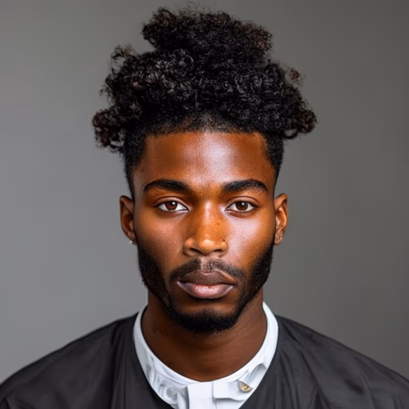 Coily Man Bun hairstyle for men 2026 — Man Bun variation, best for Coily and afro hair (4A–4C), modern barbering by Master Stylist Jessica Hamilton