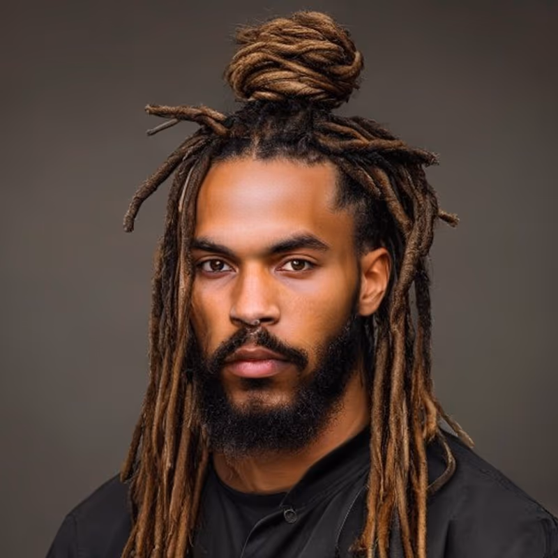 Dreadlock Man Bun hairstyle for men 2026 — Man Bun variation, best for Locs worn tied up, modern barbering by Master Stylist Jessica Hamilton