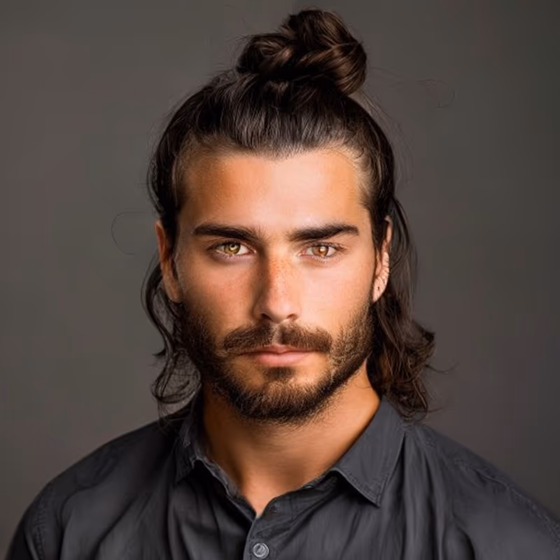 Half-Up Man Bun hairstyle for men 2026 — Man Bun variation, best for Showing length while keeping it off the face, modern barbering by Master Stylist Jessica Hamilton