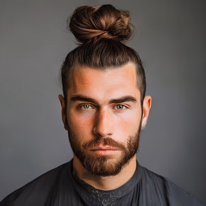 High Man Bun hairstyle for men 2026 — Man Bun variation, best for Bold, sporty, statement looks, modern barbering by Master Stylist Jessica Hamilton
