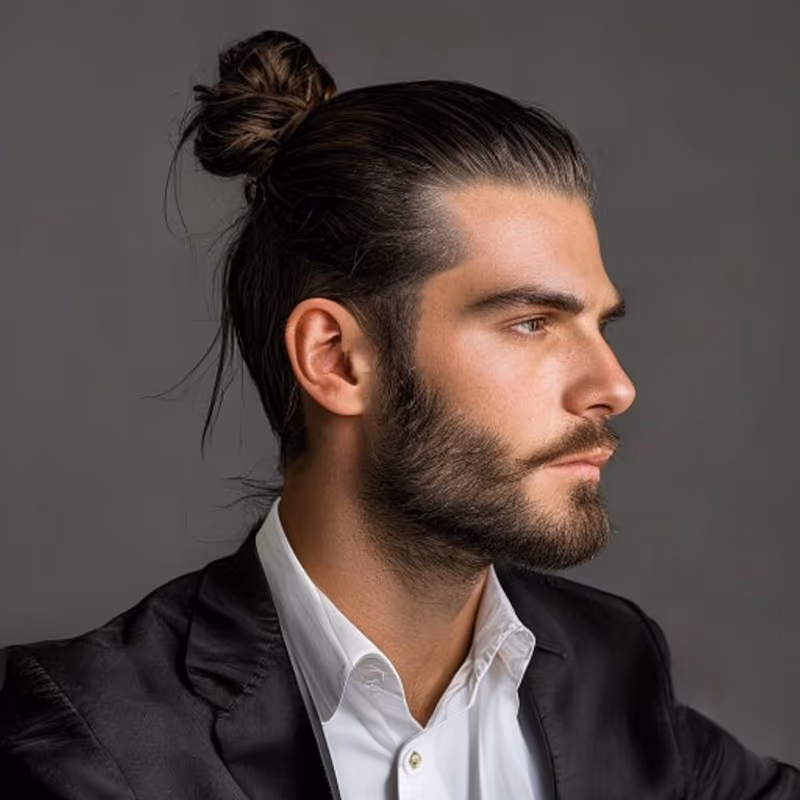 Low Man Bun hairstyle for men 2026 — Man Bun variation, best for Professional, refined settings, modern barbering by Master Stylist Jessica Hamilton