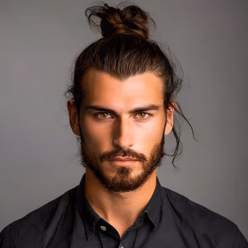 Man Bun Taper hairstyle for men 2026 — Man Bun variation, best for Refined, between a bun and full length, modern barbering by Master Stylist Jessica Hamilton