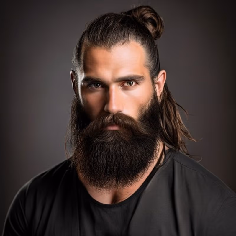 Man Bun with Beard hairstyle for men 2026 — Man Bun variation, best for A rugged, masculine combination, modern barbering by Master Stylist Jessica Hamilton