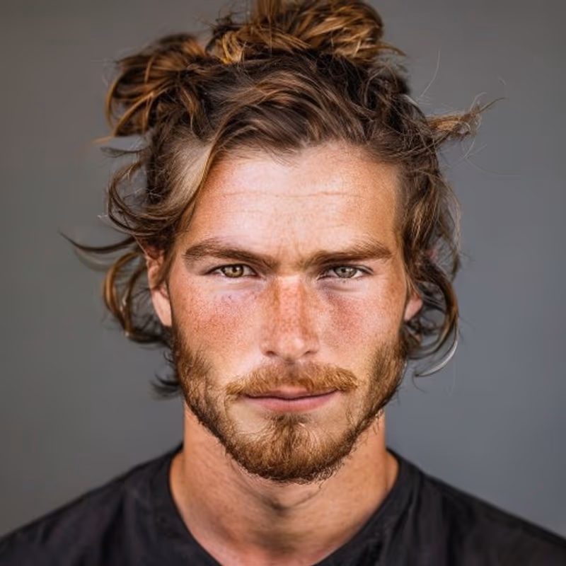 Messy Man Bun hairstyle for men 2026 — Man Bun variation, best for Casual, undone, effortless, modern barbering by Master Stylist Jessica Hamilton