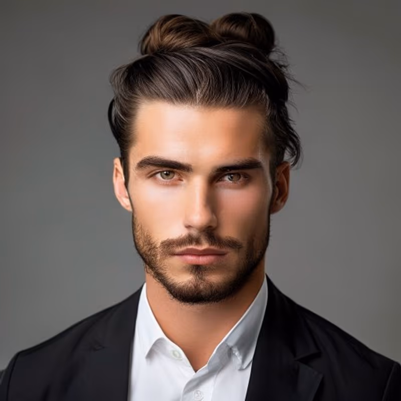 Modern Man Bun hairstyle for men 2026 — Man Bun variation, best for A clean, sharp, current look, modern barbering by Master Stylist Jessica Hamilton