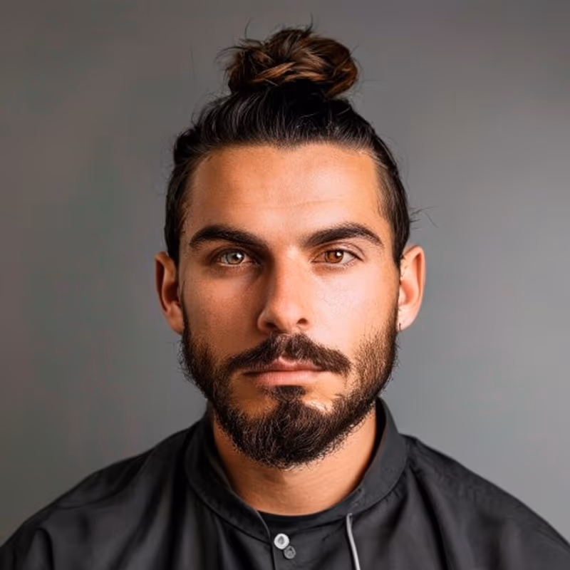 Short Man Bun hairstyle for men 2026 — Man Bun variation, best for Shorter length, just enough to tie, modern barbering by Master Stylist Jessica Hamilton