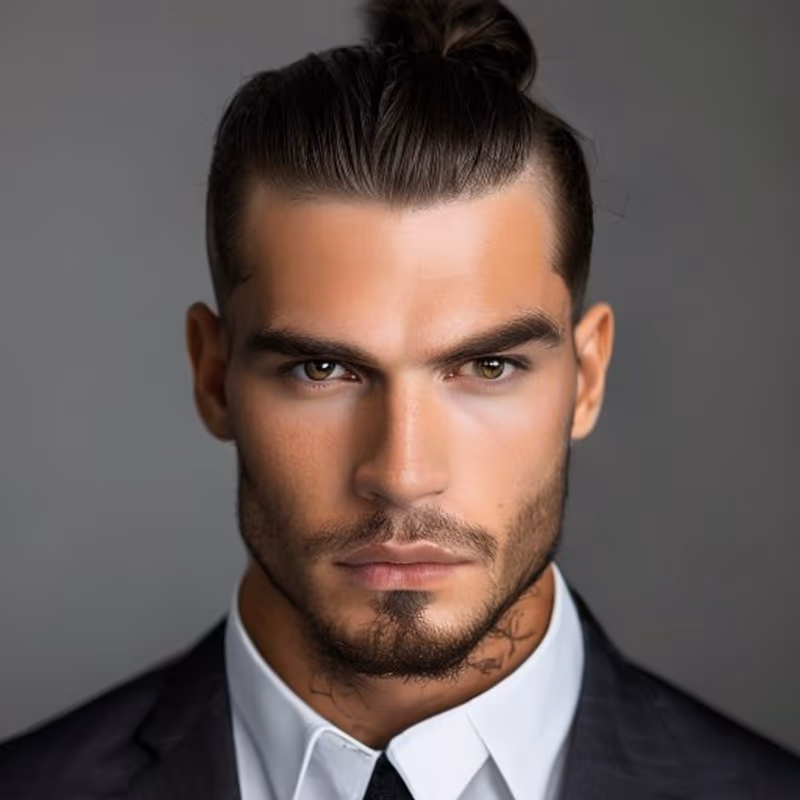 Slick Back Man Bun hairstyle for men 2026 — Man Bun variation, best for Polished, formal looks, modern barbering by Master Stylist Jessica Hamilton