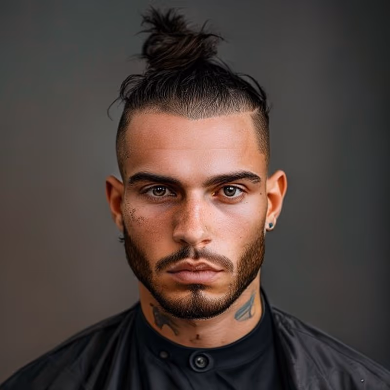 Top Knot Fade hairstyle for men 2026 — Man Bun variation, best for Maximum modern contrast, modern barbering by Master Stylist Jessica Hamilton