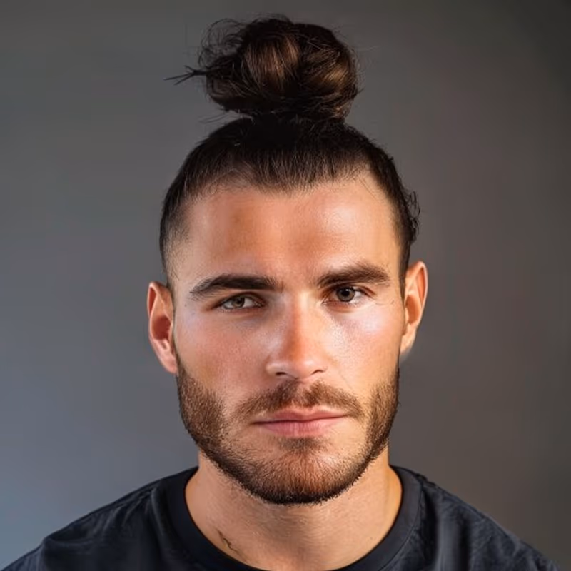 Top Knot hairstyle for men 2026 — Man Bun variation, best for A sharper, more modern bun look, modern barbering by Master Stylist Jessica Hamilton