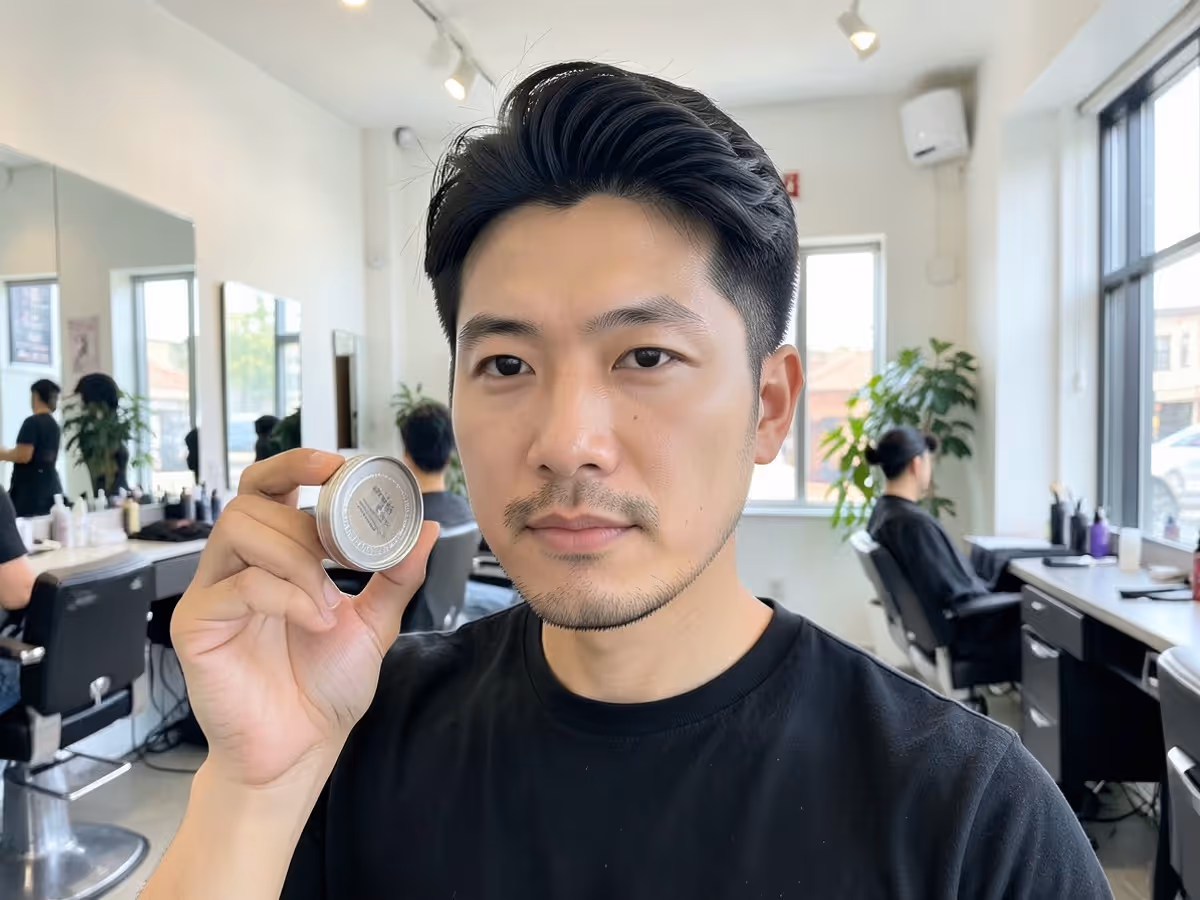 Man holding an open tin of hair styling product in a salon