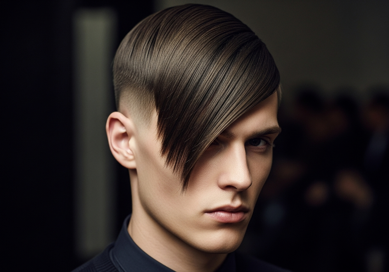 Men's Angular Fringe Medium Length Hairstyle 2026 - Medium top with sharp diagonal sweeping fringe