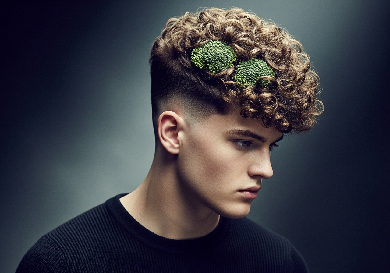 Men's Broccoli Haircut Medium Length Hairstyle 2026 - Fluffy voluminous medium curly top with tapered sides