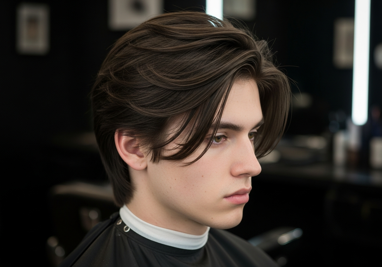 Men's Medium Feathered Hair Hairstyle 2026 - Smooth medium length with angled feathered layers
