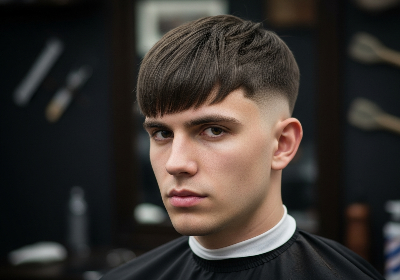 Men's Medium Fringe with Fade Hairstyle 2026 - Forward fringe medium top with clean fade sides