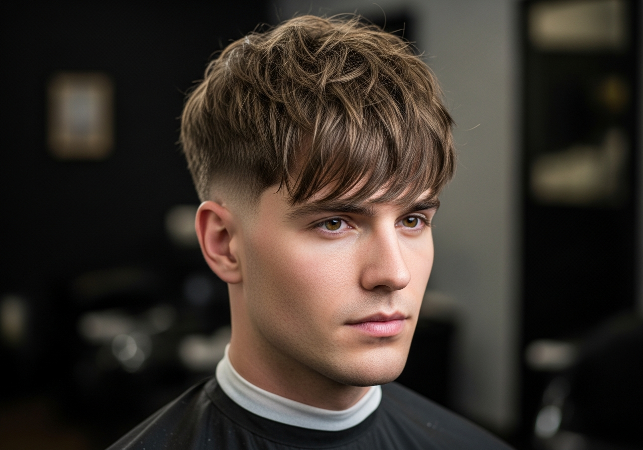 Men's Messy Fringe Medium Length Hairstyle 2026 - Tousled messy medium top with forward fringe