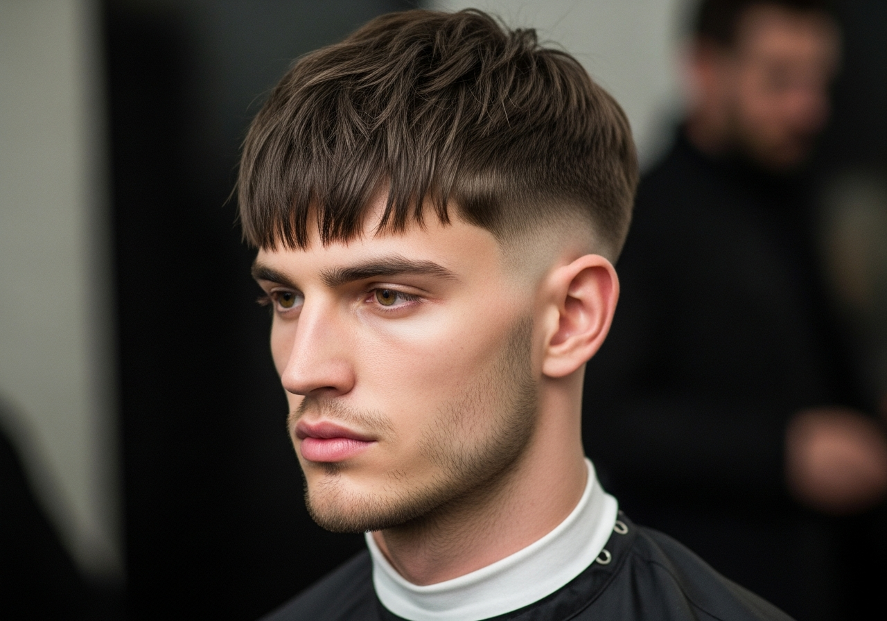 Men's Modern French Crop Medium Length Hairstyle 2026 - Choppy medium top with forward fringe and faded sides
