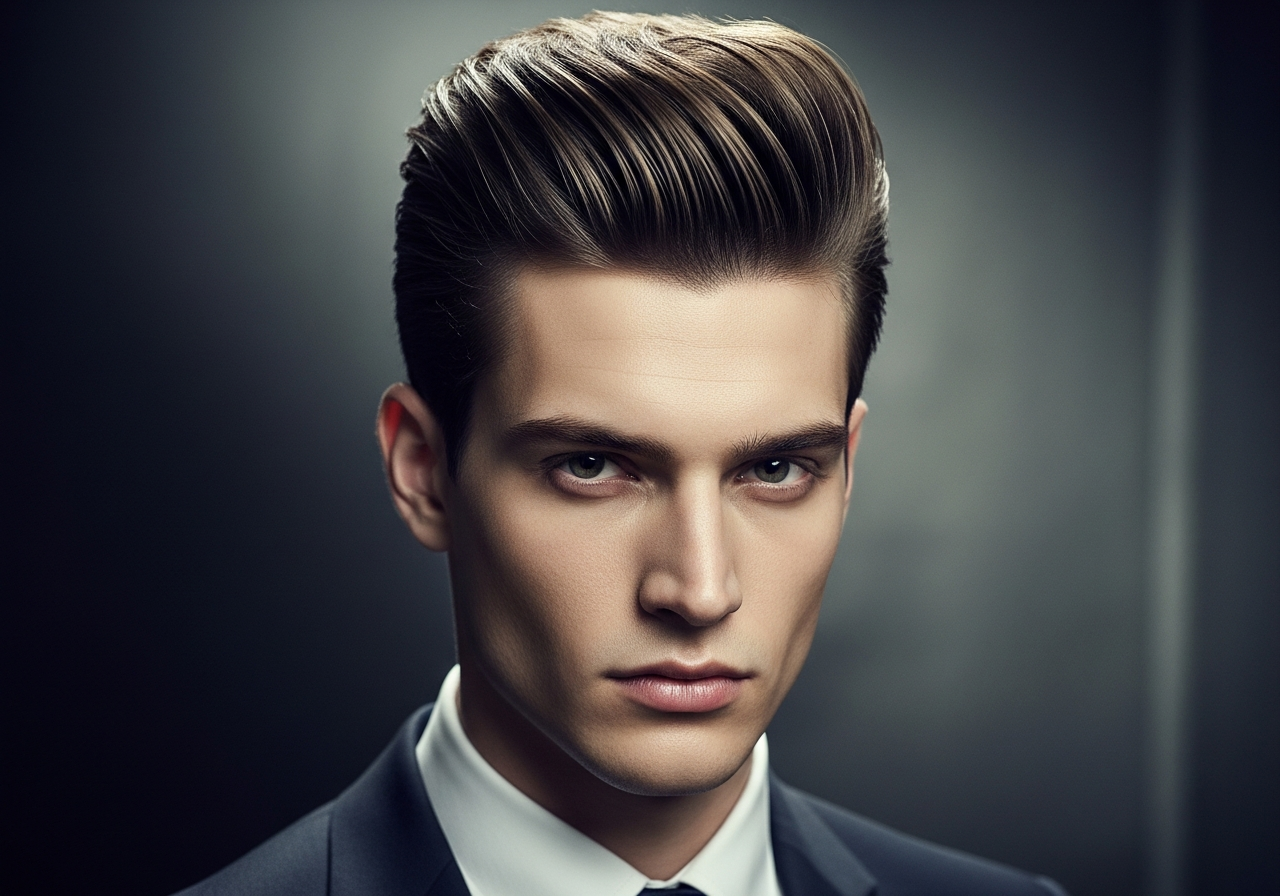 Men's Modern Pompadour Medium Length Hairstyle 2026 - Voluminous medium pompadour swept up and back