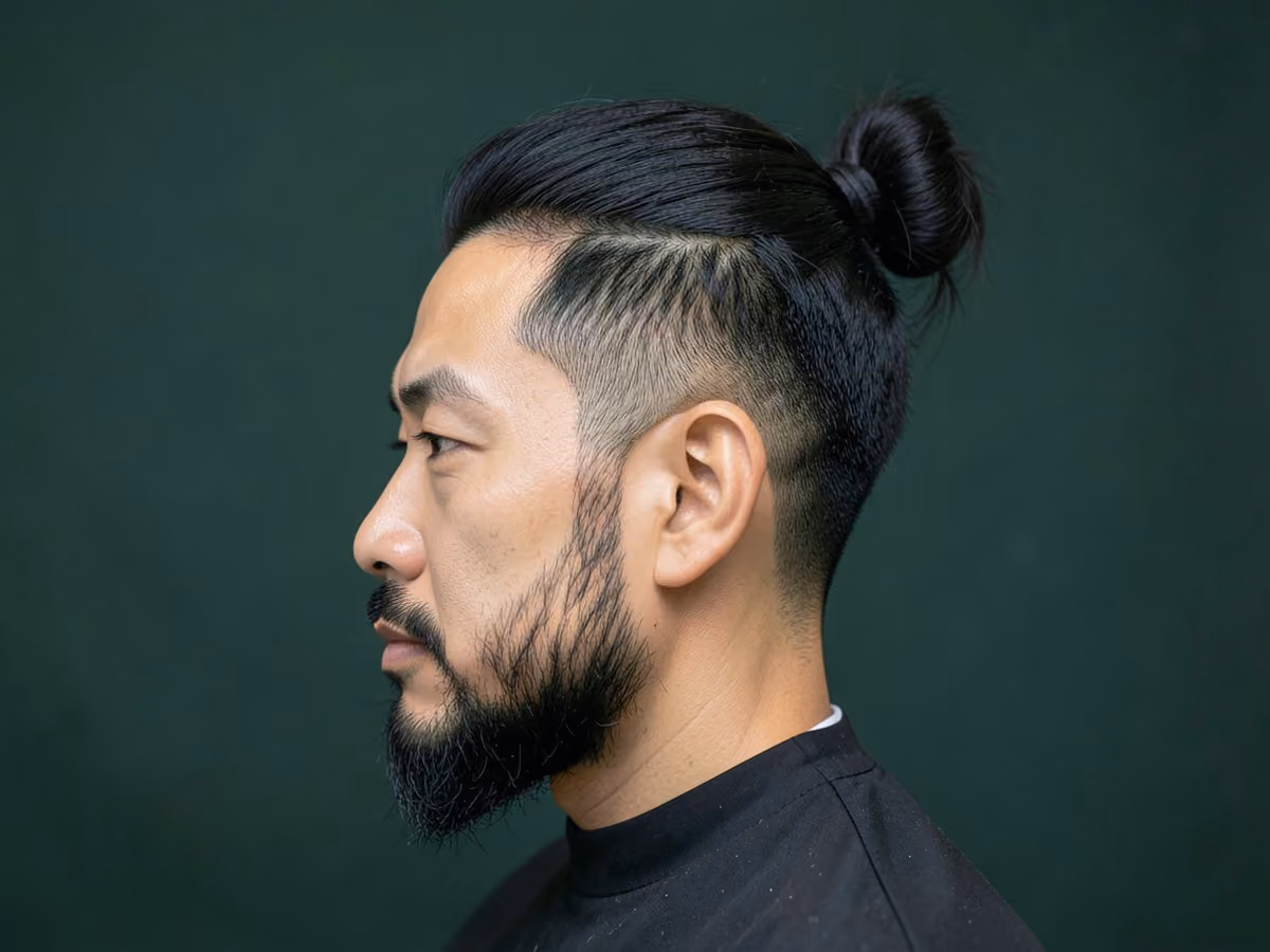 Man with a half-up bun haircut