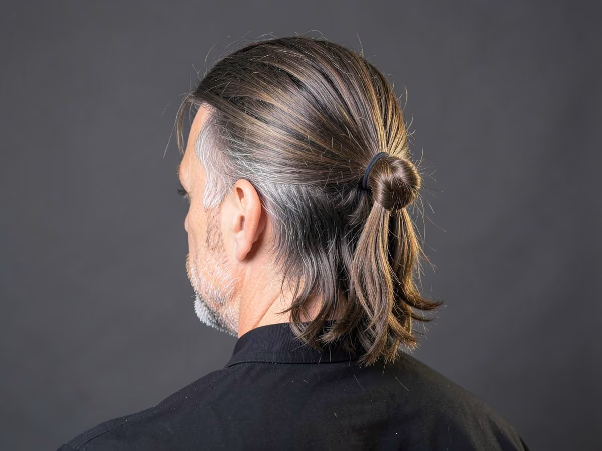 Man with a half-up half-down haircut