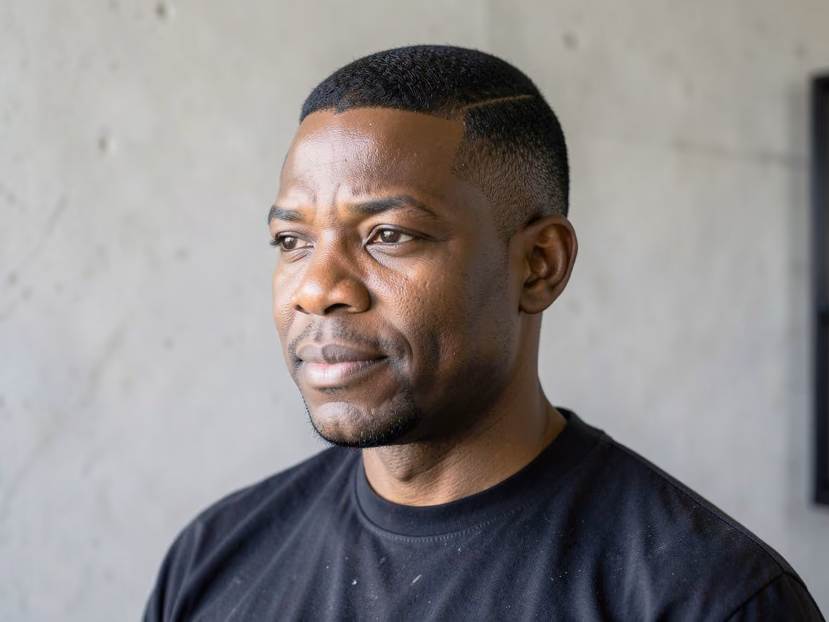 Man with a medium hair tucked behind ears