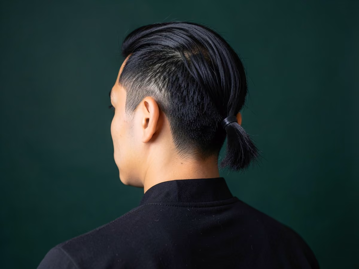 Man with a stubby ponytail haircut