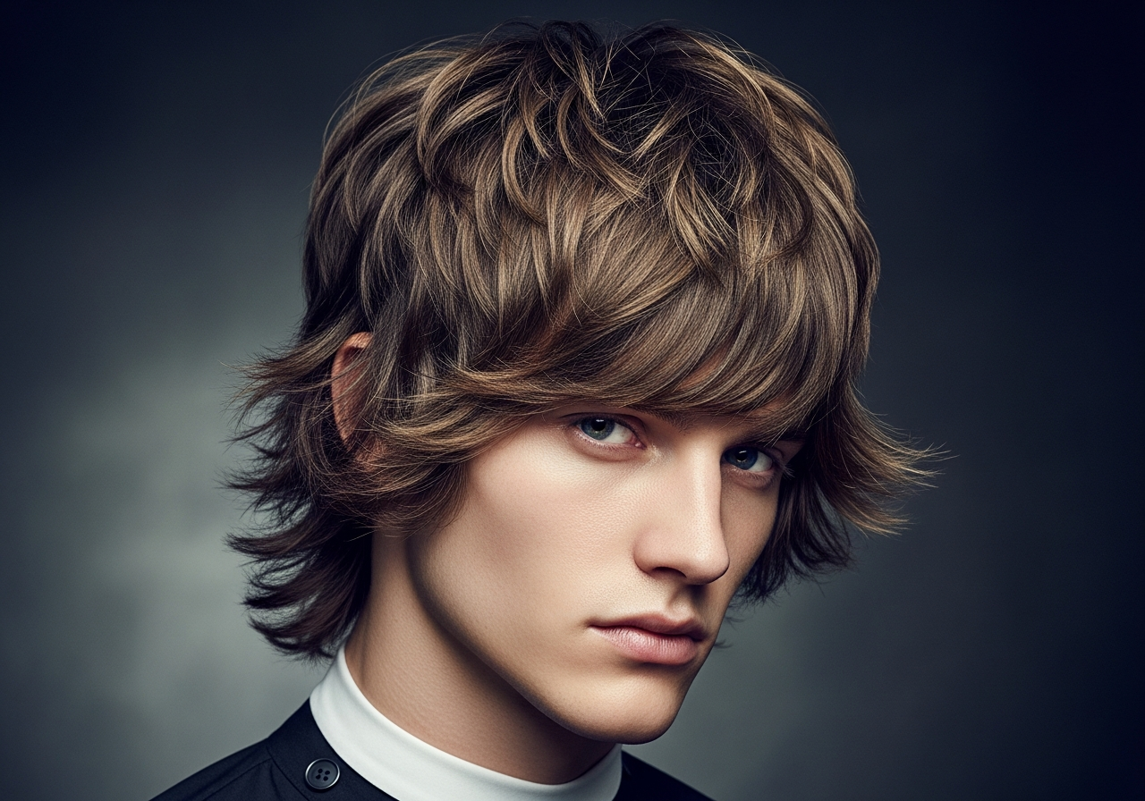 Men's Wolf Cut Medium Length Hairstyle 2026 - Shaggy layered medium hair with curtain bangs