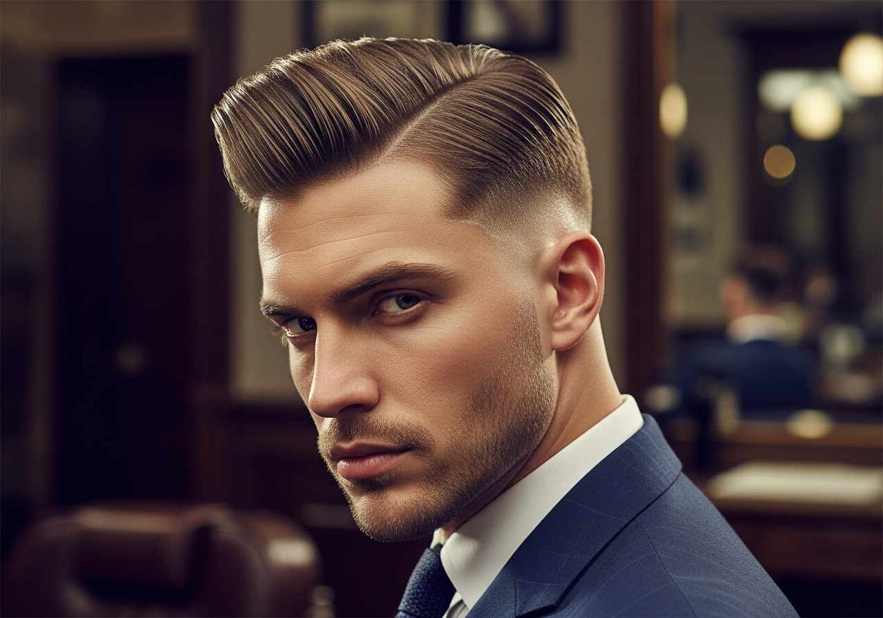 Brush Back Medium Taper Fade 2026 - Voluminous Temple Taper Hairstyle