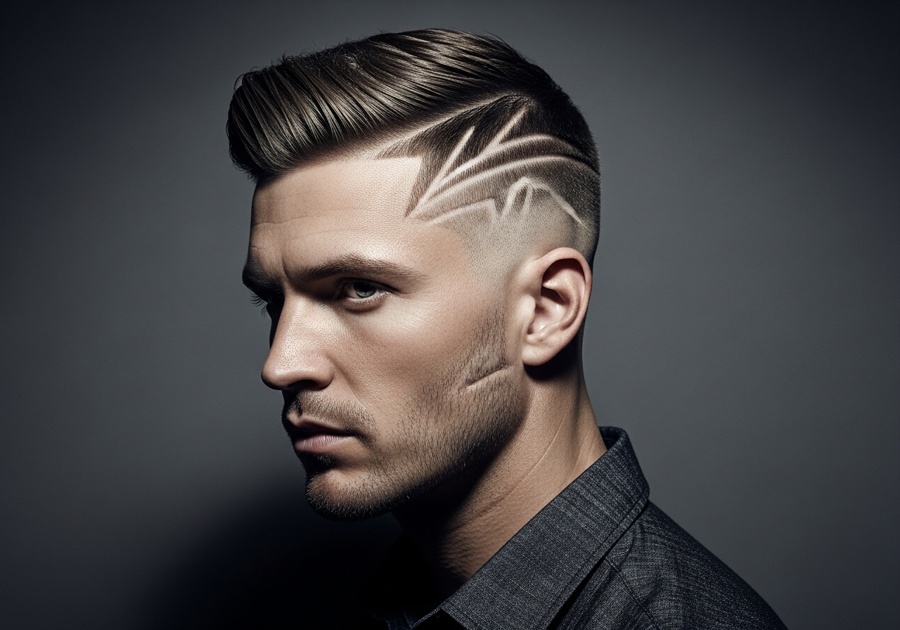 Mid Taper Fade with Line Design 2026 - Custom Shaved Pattern Temple Taper