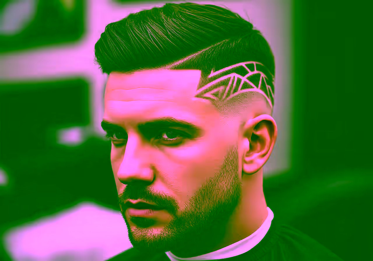 Mid Taper with Design hairstyle for men 2026 — medium taper fade variation, best for creative men + all faces, modern barbering by Master Stylist Jessica Hamilton
