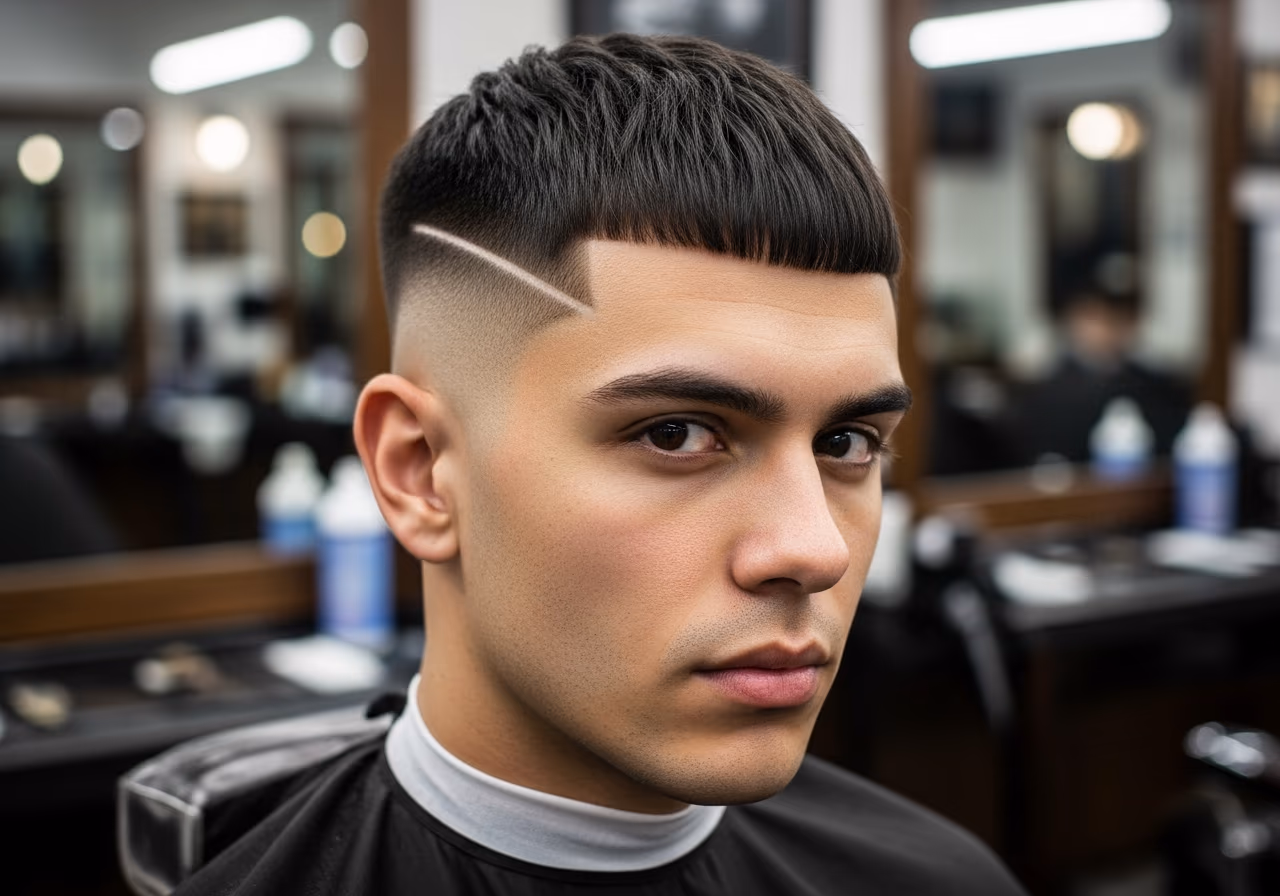 Angular Fringe hairstyle for men 2026 — haircuts for round faces variation, best for round faces + straight or fine hair, modern barbering by Master Stylist Jessica Hamilton