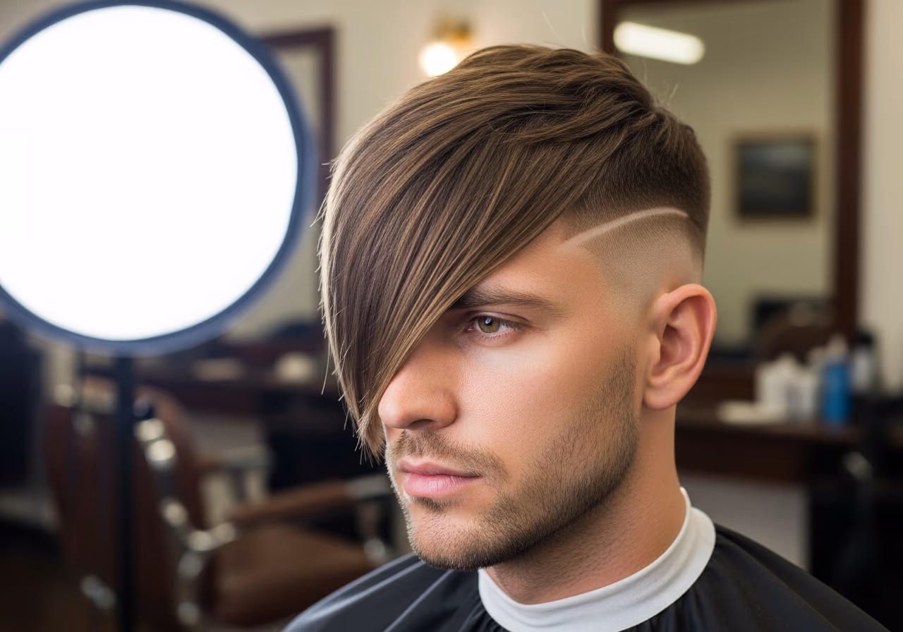 Asymmetrical Fringe with Undercut hairstyle for men 2026 — haircuts for round faces variation, best for round faces + straight or wavy hair. bold personalities, modern barbering by Master Stylist Jessica Hamilton