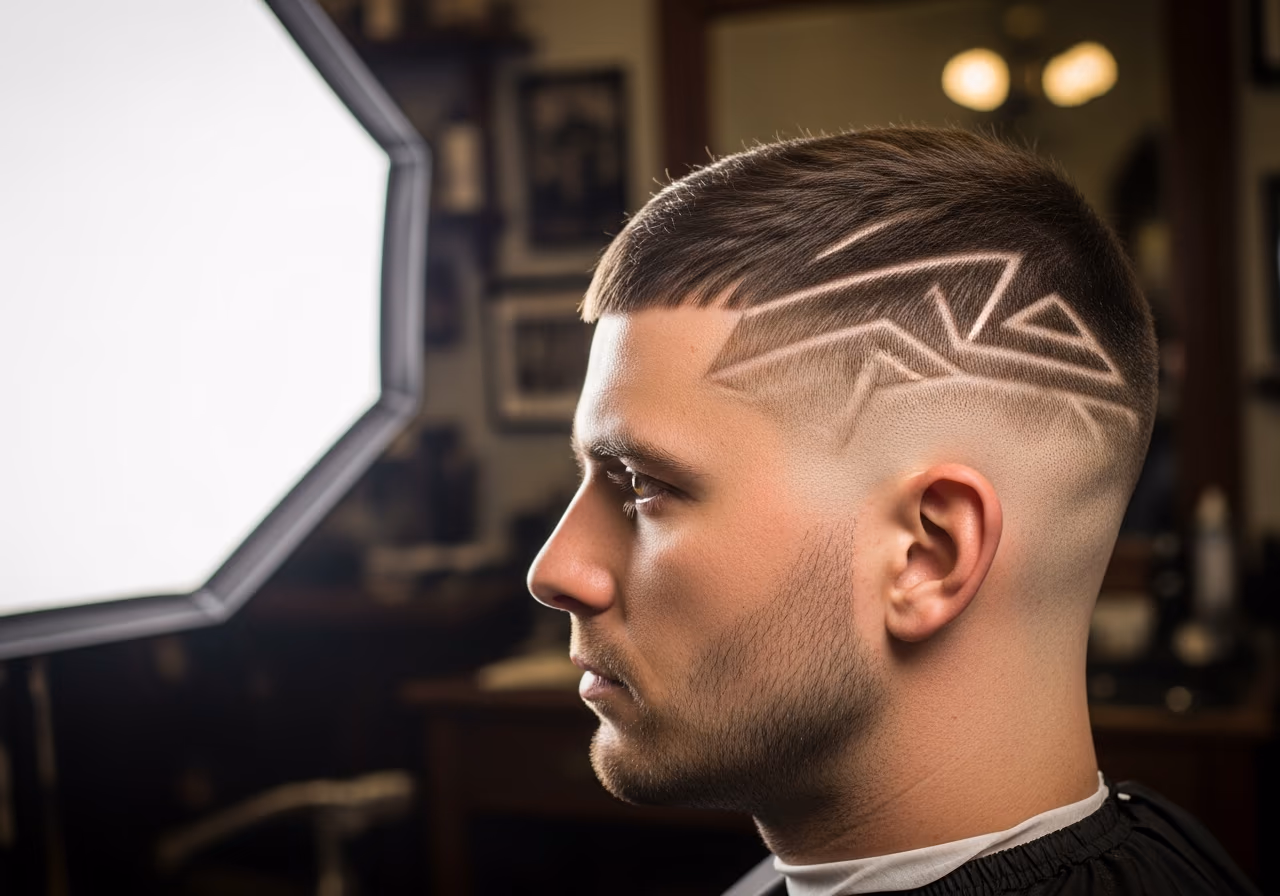Buzz Cut with Design hairstyle for men 2026 — haircuts for round faces variation, best for round faces + all hair types, modern barbering by Master Stylist Jessica Hamilton