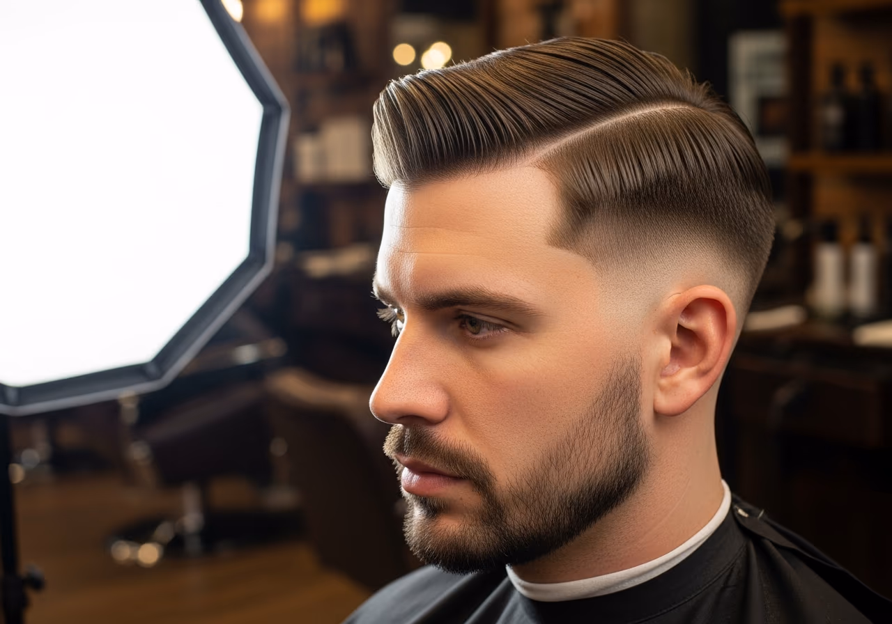 Classic Side Part with Fade hairstyle for men 2026 — haircuts for round faces variation, best for round faces + straight or fine hair, modern barbering by Master Stylist Jessica Hamilton