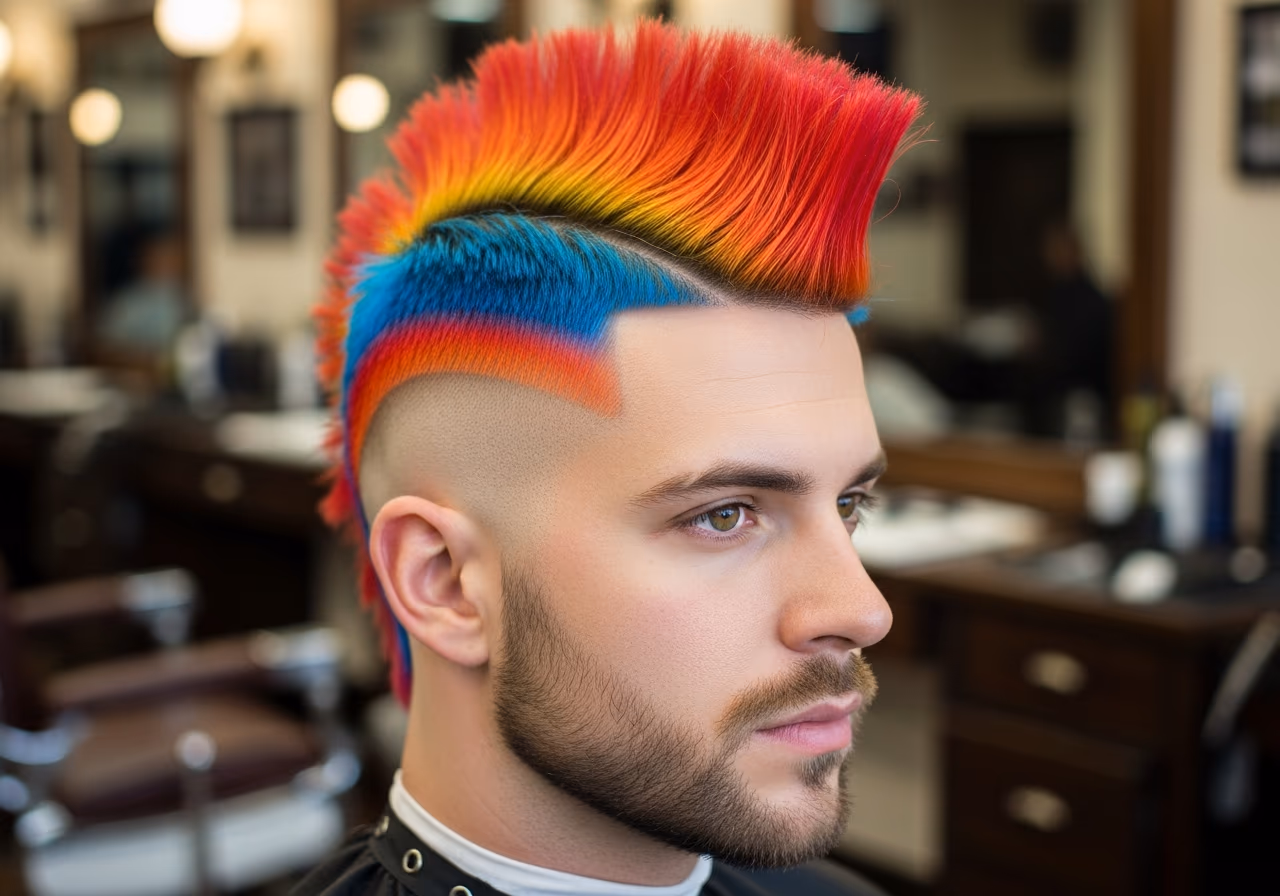 Colourful Mohawk hairstyle for men 2026 — haircuts for round faces variation, best for round faces + thick or straight hair. very expressive personalities, modern barbering by Master Stylist Jessica Hamilton
