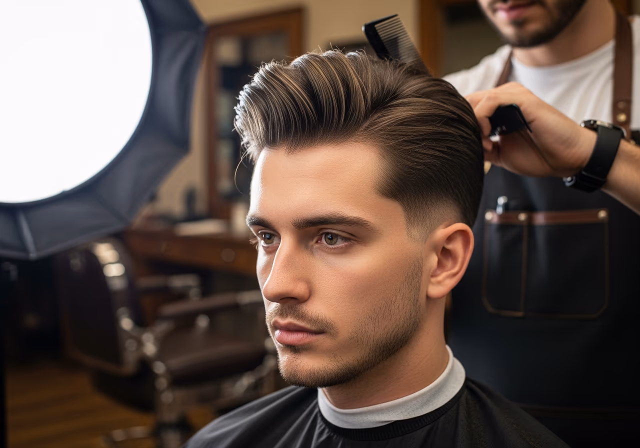 Cool Pomp hairstyle for men 2026 — haircuts for round faces variation, best for round faces + wavy or thick hair, modern barbering by Master Stylist Jessica Hamilton
