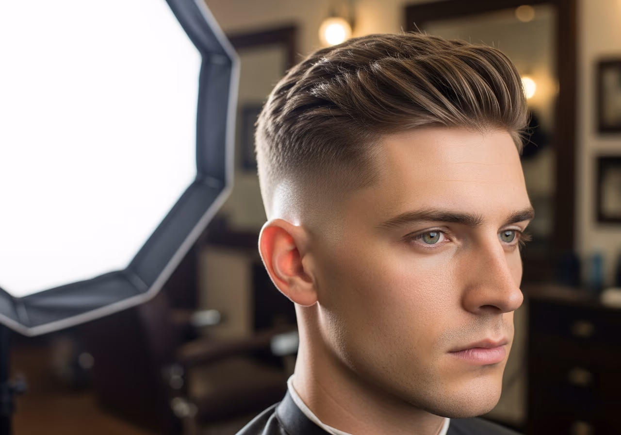 Crew Cut with Textured Top hairstyle for men 2026 — haircuts for round faces variation, best for round faces + all hair types, modern barbering by Master Stylist Jessica Hamilton
