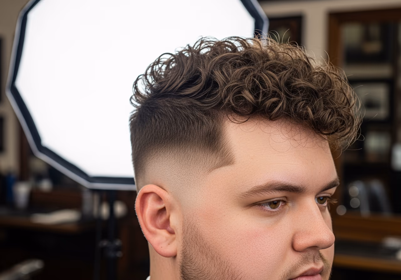 Curly Fade hairstyle for men 2026 — haircuts for round faces variation, best for round faces + curly (3a–4c) hair, modern barbering by Master Stylist Jessica Hamilton
