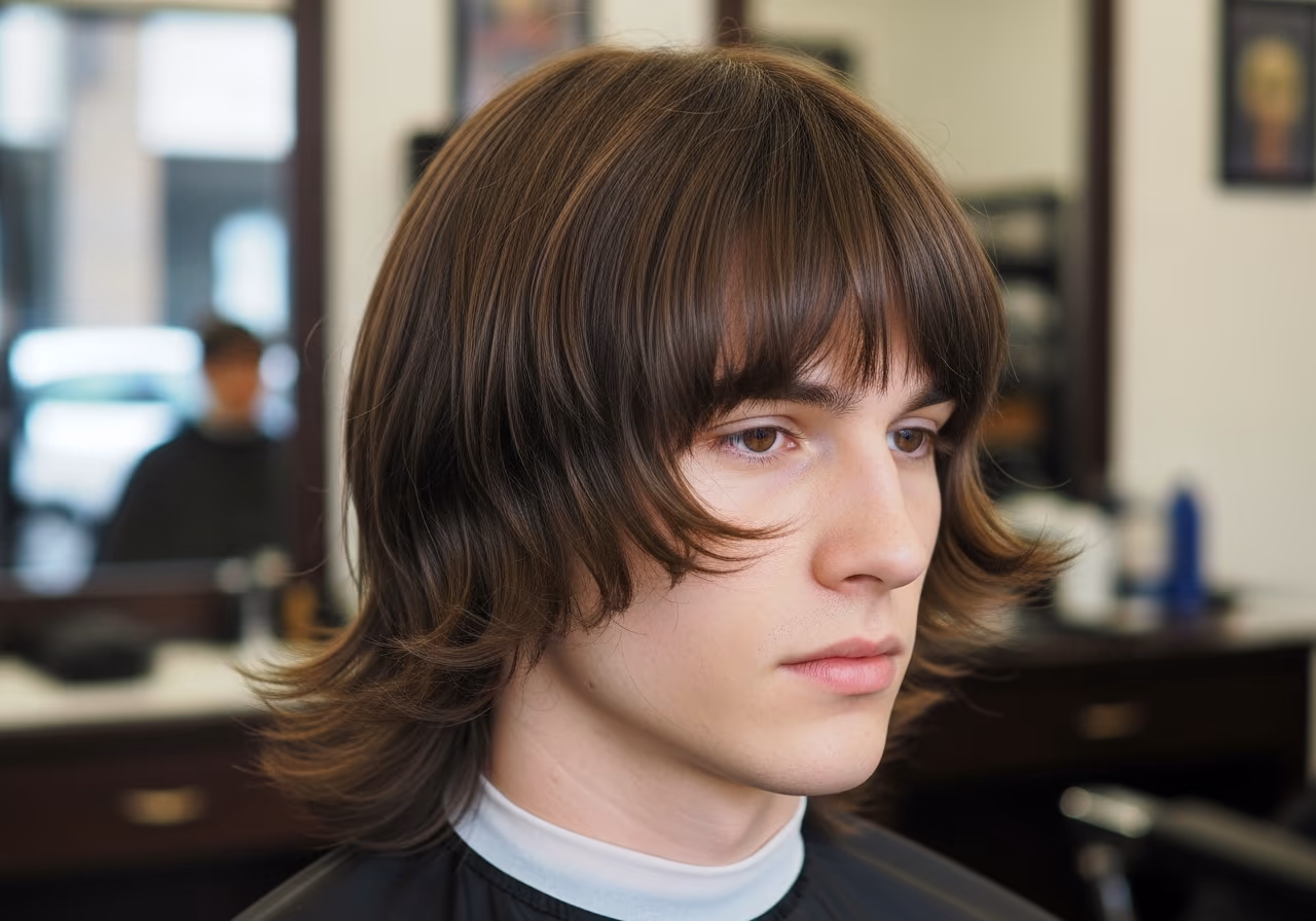Curtain Bangs with Long Layers hairstyle for men 2026 — haircuts for round faces variation, best for round faces + straight or wavy hair, modern barbering by Master Stylist Jessica Hamilton