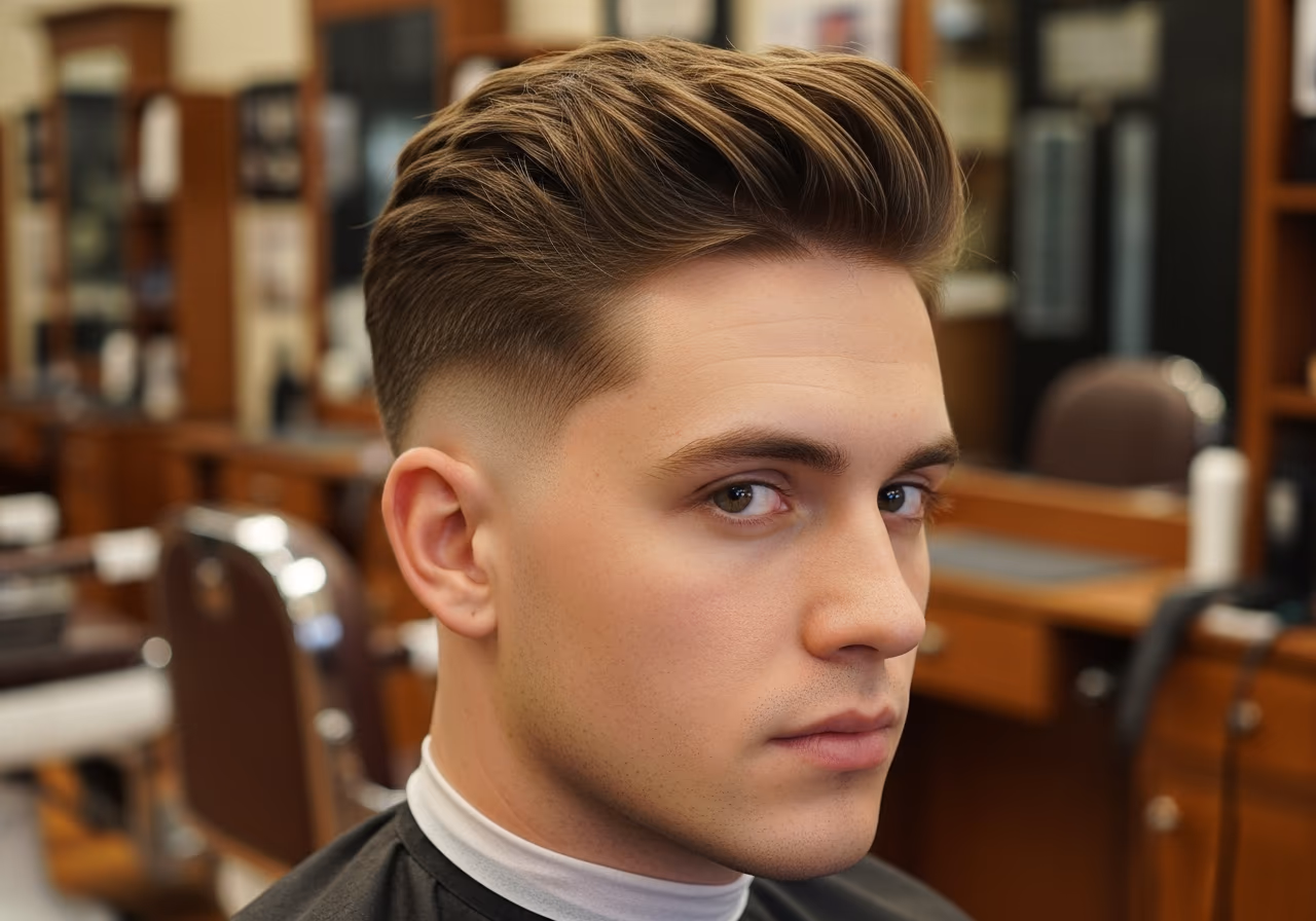 Drop Fade hairstyle for men 2026 — haircuts for round faces variation, best for round faces + all hair types. especially flattering for oval-round faces, modern barbering by Master Stylist Jessica Hamilton