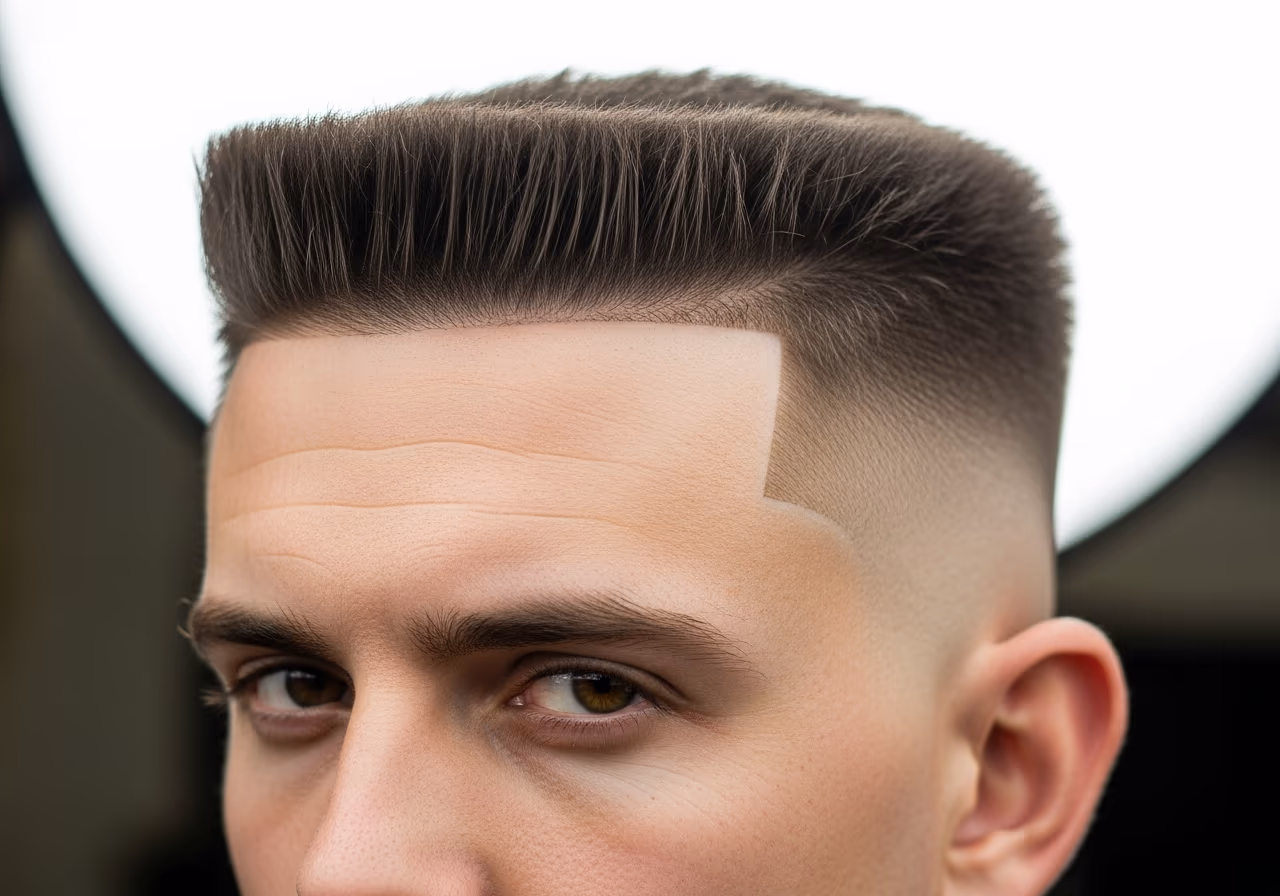 Flat Top with Fade hairstyle for men 2026 — haircuts for round faces variation, best for round faces + thick, straight hair, modern barbering by Master Stylist Jessica Hamilton