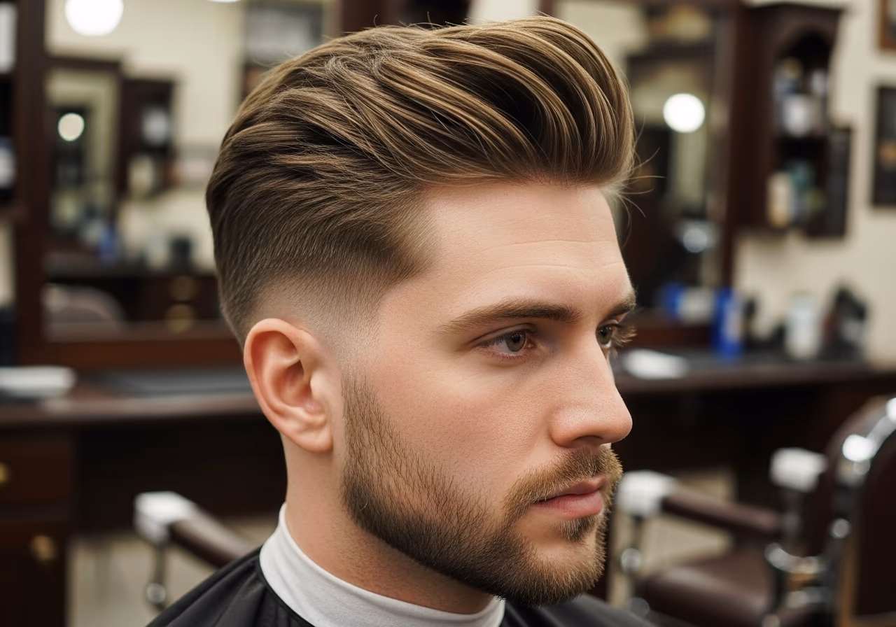 Front Brush-Up hairstyle for men 2026 — haircuts for round faces variation, best for round faces + straight or fine hair, modern barbering by Master Stylist Jessica Hamilton